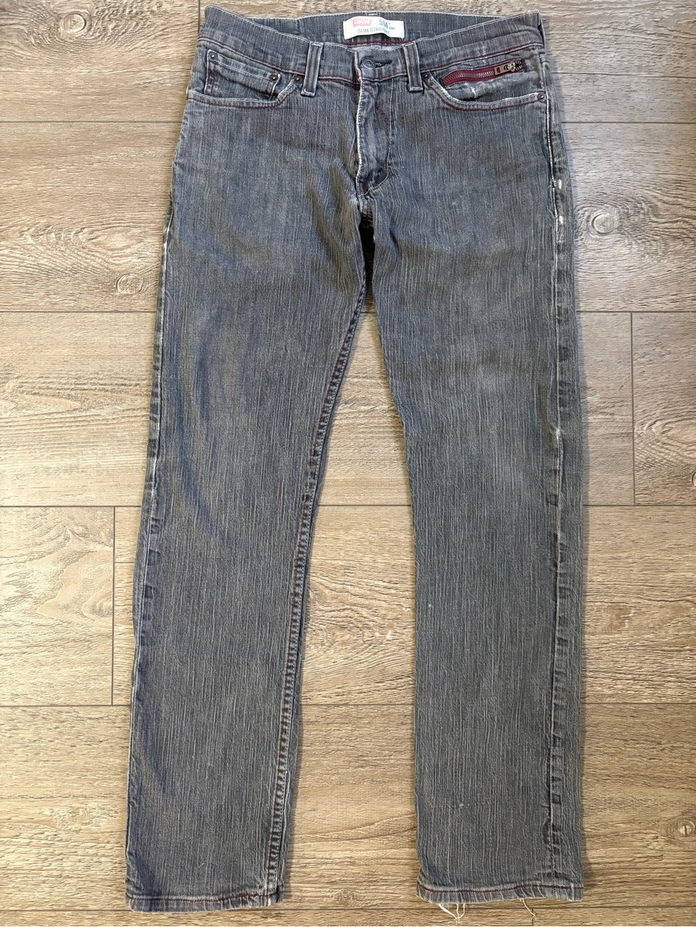 Vintage Levi's 514 Slim Straight Black Gray Jeans w Red Zip Pocket & Stitching